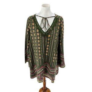 Love Kuza Boho Tunic Dress With Tie Neck & Bell Sleeves  S
